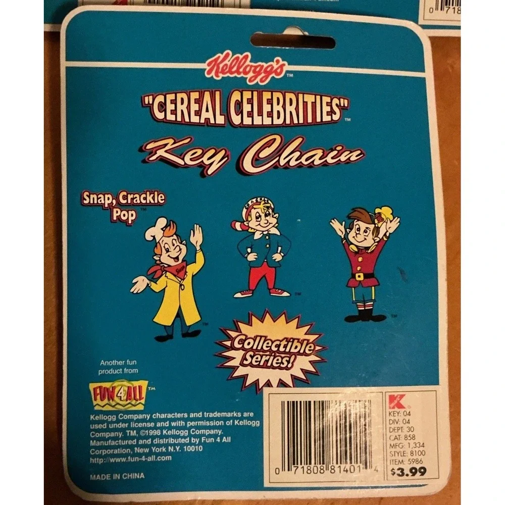 Kellogg's Cereal Celebrities Key Chain Rice Krispies New 1998 Snap Crackle & Pop